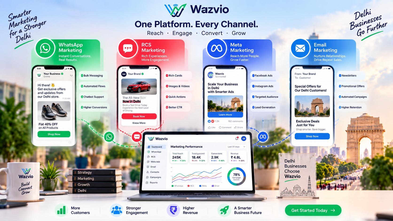 WhatsApp, RCS, Meta and Email marketing campaigns for Delhi businesses by Wazvio