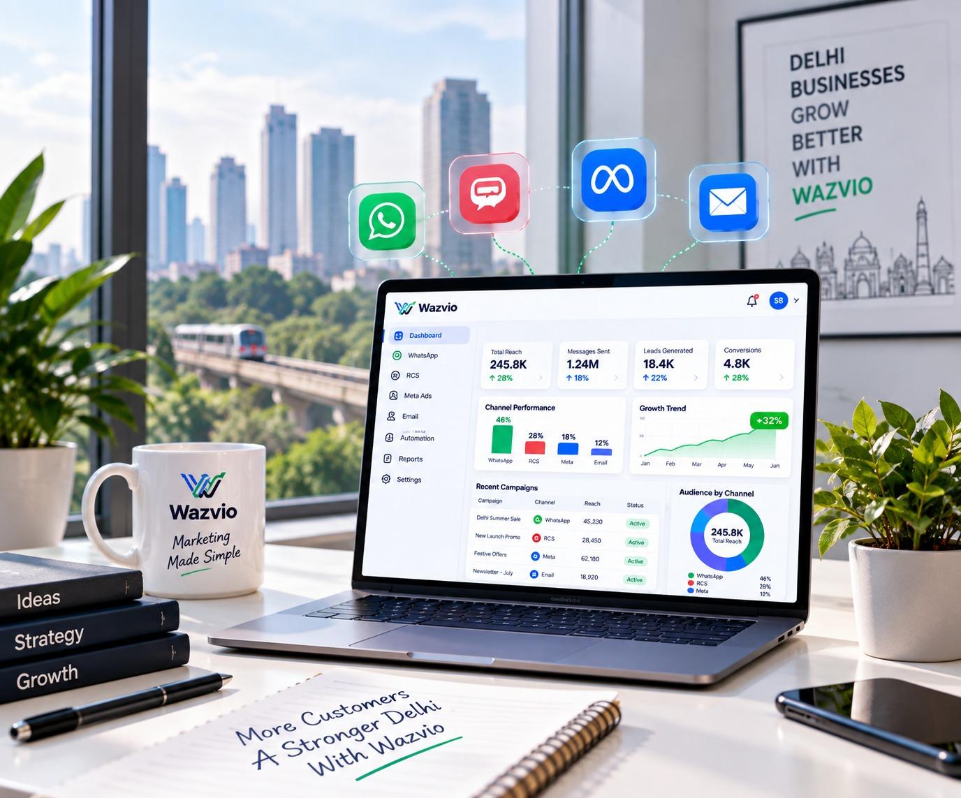 Wazvio marketing dashboard on a workspace overlooking the Delhi skyline