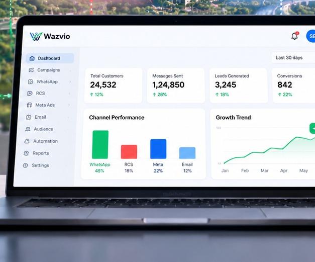 Wazvio marketing dashboard on a workspace overlooking the Pune skyline